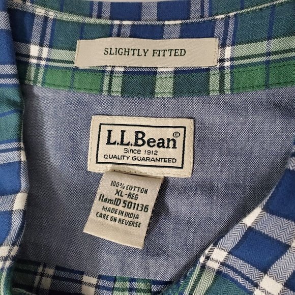 L.L. Bean Slightly Fitted‎ Green, Blue Mens XL, X-Large Plaid Long Sleeve Shirt - Picture 4 of 4
